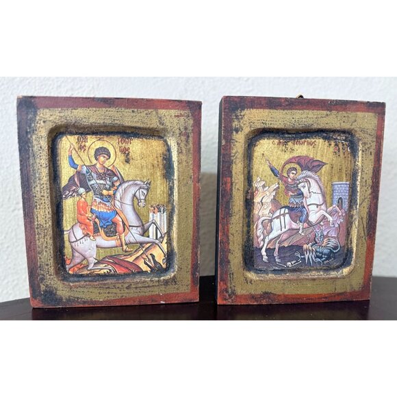 Other - Vtg Saint George Slay the Dragon Horse Religious Art Wooden Wall Hangings Italia